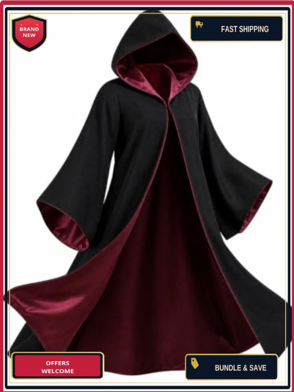 Wizard Robe Halloween Cosplay Costume Satin Lined Hooded Cape